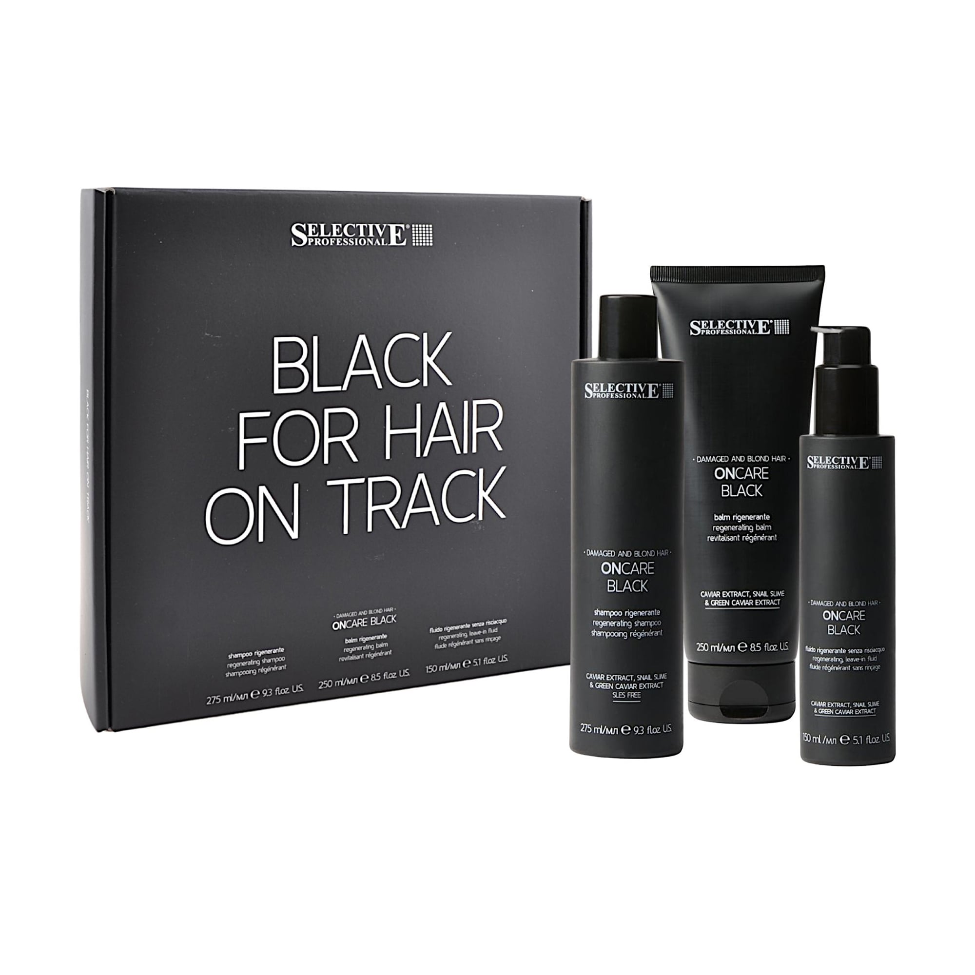 Набір для волосся Selective Professional Black for Hair On Track (шампунь, 275 мл + кондиціонер, 250 мл + крем-флюїд, 150 мл)